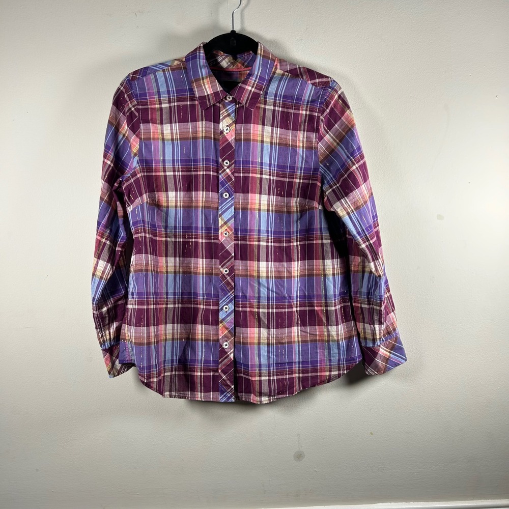 Talbots Button Down Women LP Purple Plaid Y2K Metallic Lurex Shimmer Shirt